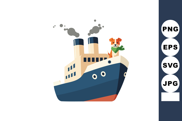 Steamship with happy dog on bow cartoon style vector illustr