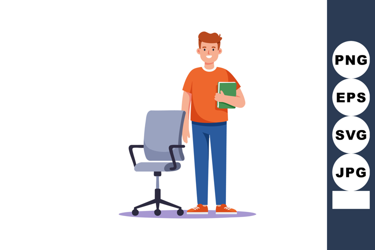 Young man holding book standing next to office chair vector