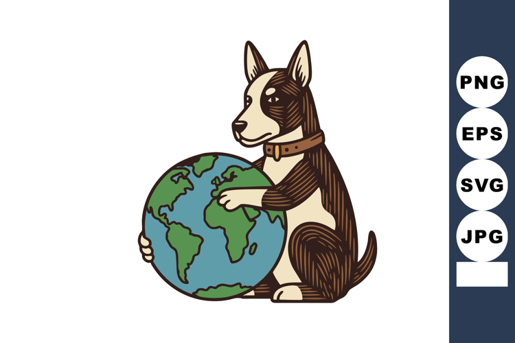 Dog holding globe earth illustration with brown and beige to