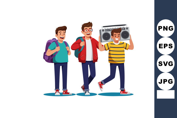 Boys walking with backpacks and boombox having fun outdoor c