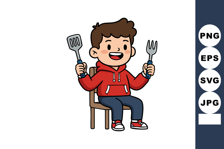Boy sitting on chair holding fork and spatula ready to eat c