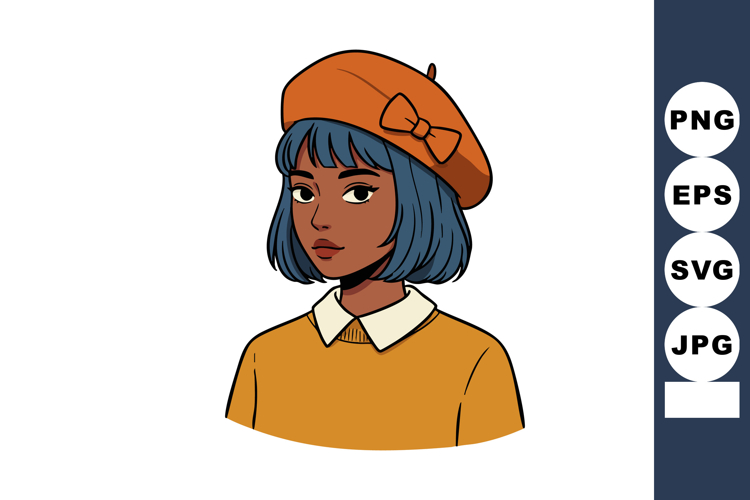 Young woman with blue hair wearing orange beret and sweater