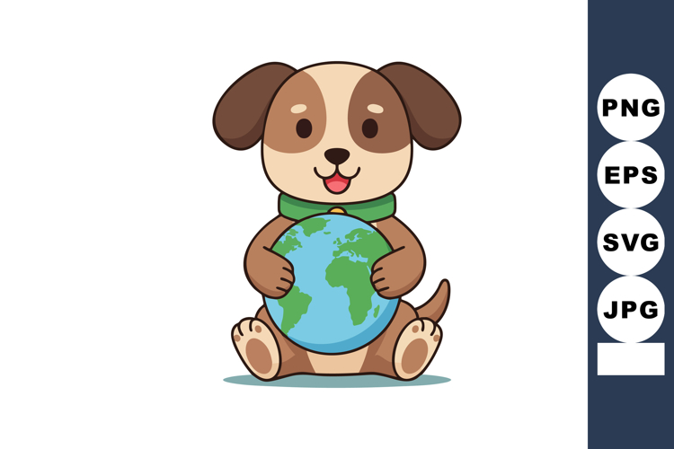 Cute cartoon dog holding globe earth illustration for nature