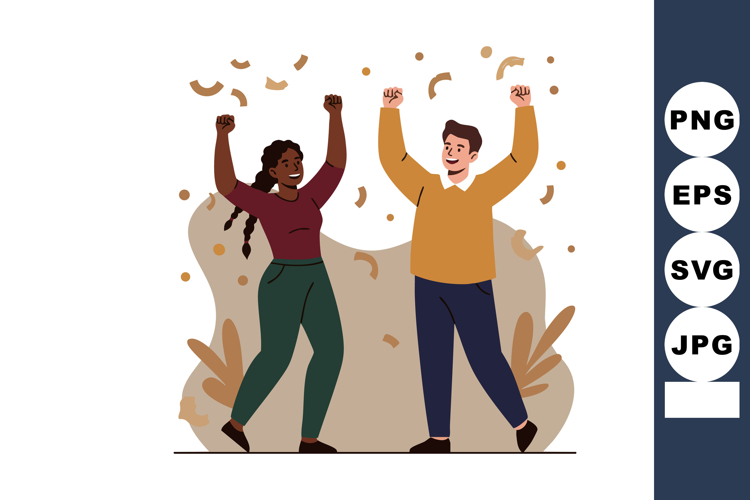 Two diverse people celebrating with raised hands and confett