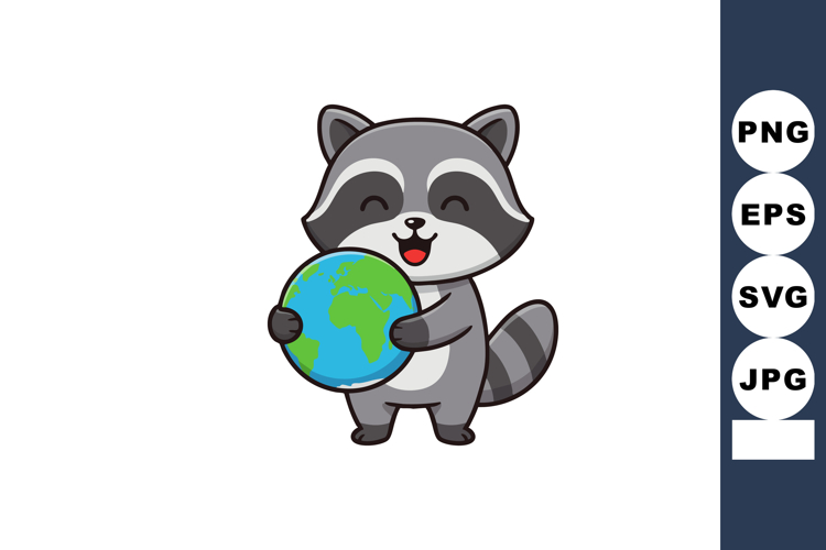 Cute raccoon holding globe earth cartoon character vector il