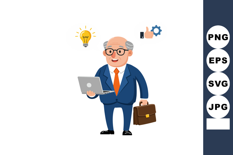 Senior businessman holding laptop briefcase with idea bulb a
