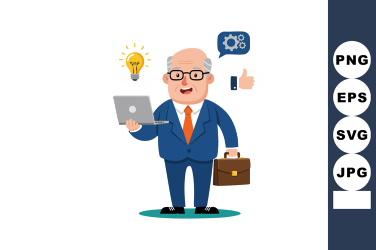 Senior businessman holding laptop with briefcase and innovat