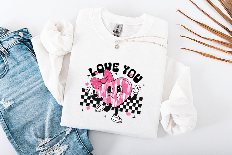 Love You Retro Heart Mascot SVG - Pink Groovy Valentine PNG