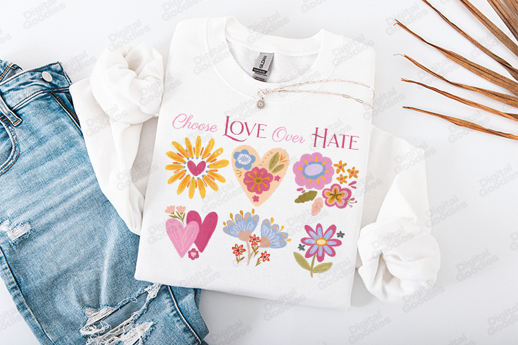 Choose Love Over Hate Boho Floral Hearts JPG Digital Design