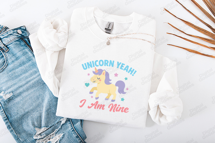 Unicorn Yeah I Am Nine Cute Birthday Girl T Shirt Design