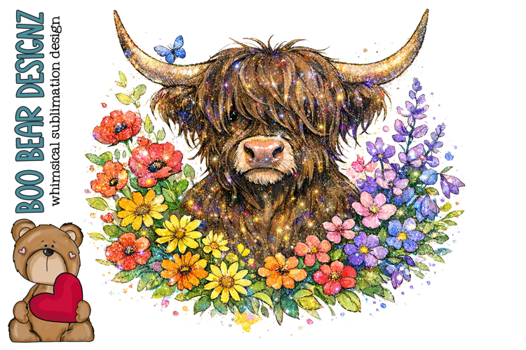 Floral Glitter Highland Cow Clipart
