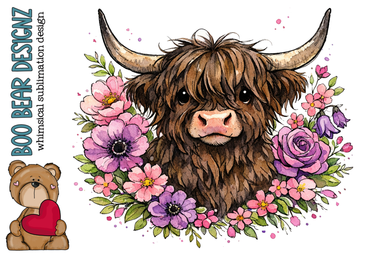 Floral Highland Cow Clipart
