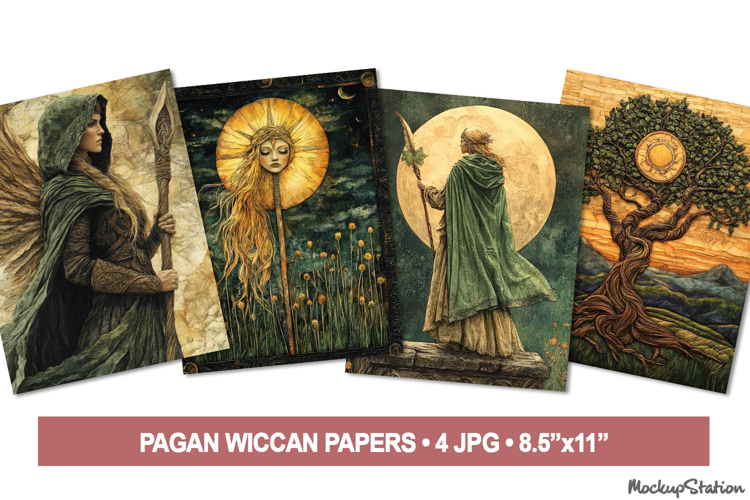Vintage Pagan Folk Junk Journal Pages, Wiccan Green Witch