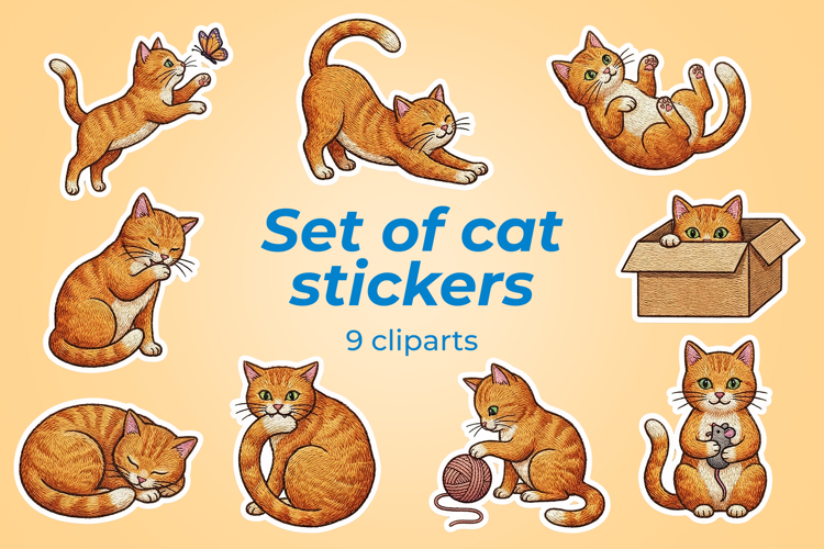 Set of cat stickers, embroidery style, domestic cat