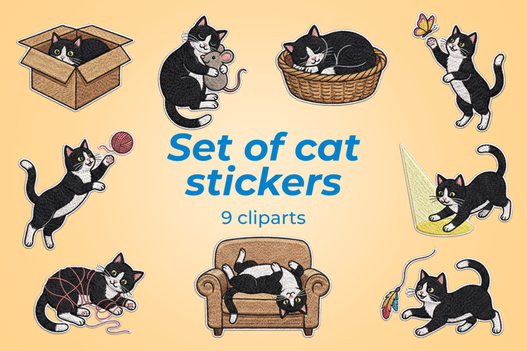 Set of cat stickers, embroidery style, domestic cat