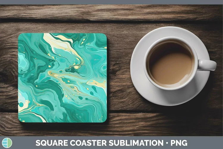 Paint Pour Teal Square Coaster Sublimation Coaster Designs