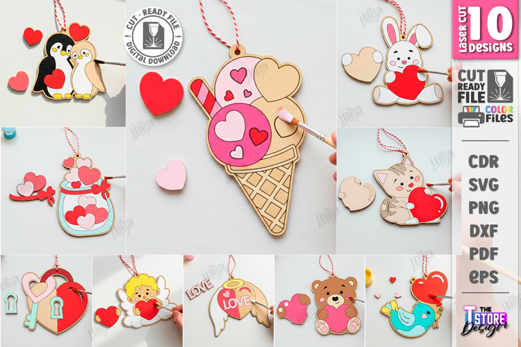 Valentines Paintable Ornament Laser Cut Bundle | Coloring