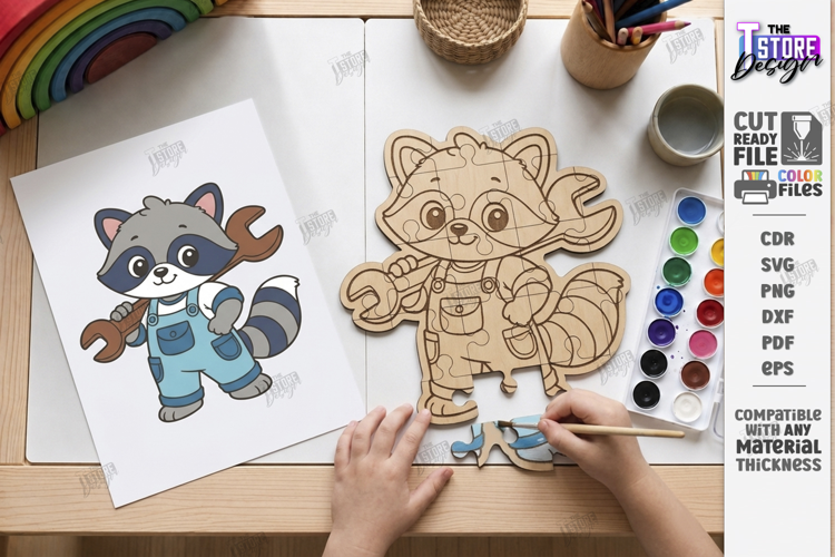 Kids Animal Puzzle Laser Cut | Coloring Puzzle | Raccoon SVG