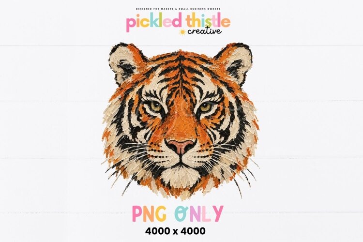 Digital wildlife graphic of a forward-facing tiger with intense golden eyes, detailed whiskers and a thick hand-painted finish in orange, black, cream and brown.