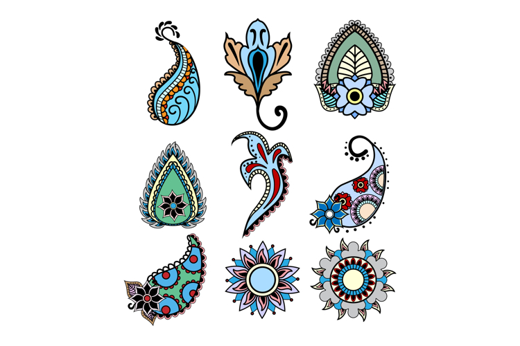 Colorful paisley and floral mandala design elements