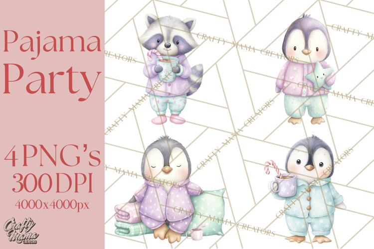 Christmas Pajama Party PNG, Watercolor Cozy Animal Clipart
