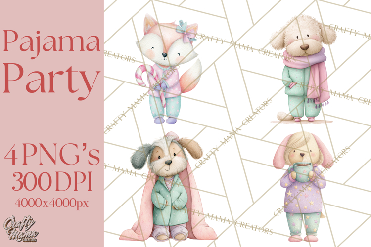 Christmas Pajama Party PNG, Watercolor Cozy Animal Clipart