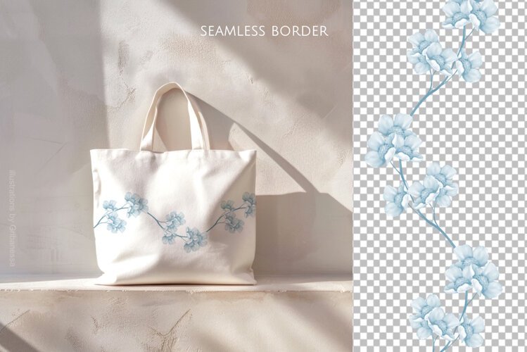 Blue Blossom Floral Border PNG example image 1