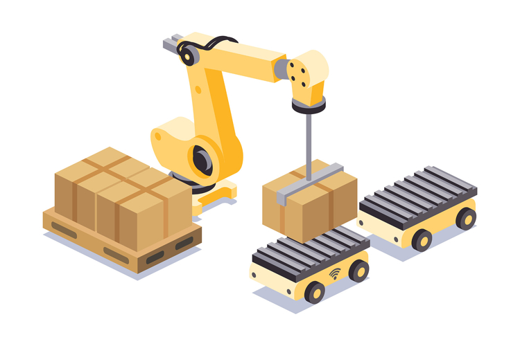 Isometric robotic arm loading cardboard boxes onto.
