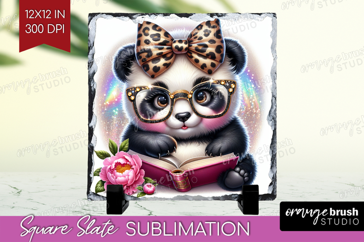 Panda Reading Slate PNG Book Lover Square Slate Sublimation