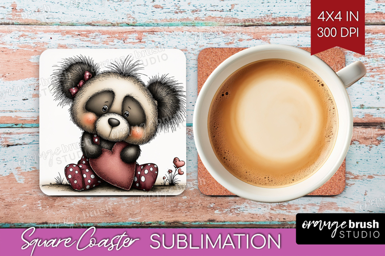 Panda Valentine Square Coaster Whimsical Animal Coaster PNG