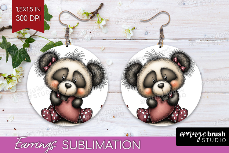 Panda Valentine Round Earrings Whimsical Animal PNG
