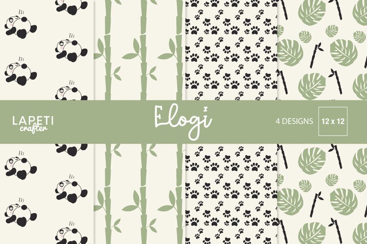 Panda digital paper collection with bamboo paw prints and leafy patterns