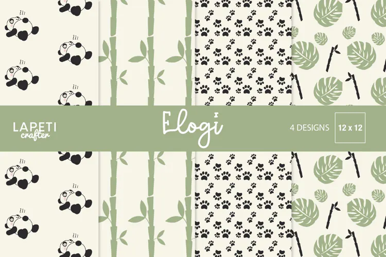 Panda Digital Paper with Bamboo and Paw Print Patterns