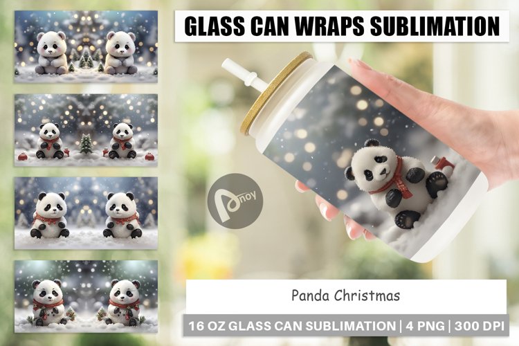 Glass Can Wraps Panda Christmas