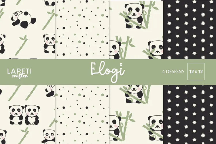 Panda Digital Paper with Bamboo and Polka Dot Patterns