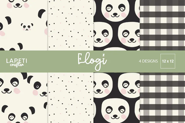 Panda Digital Paper with Cute Faces and Gingham Patterns