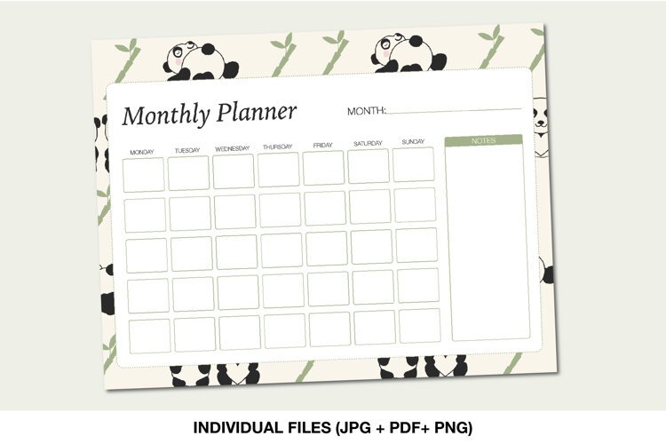 Printable panda monthly planner with bamboo border, calendar grid and large notes section