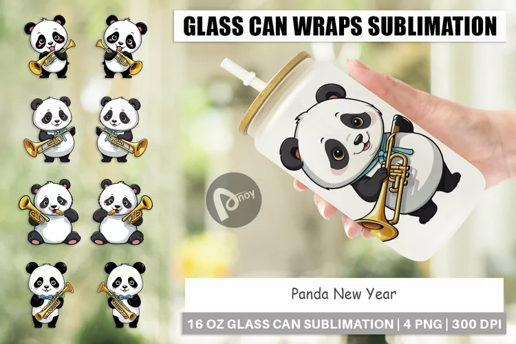 Glass Can Wraps Panda New Year
