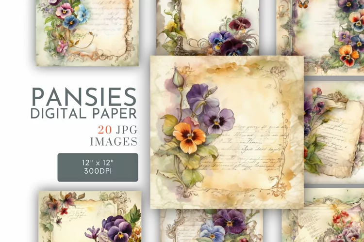 Vintage Pansies | Digital Paper JPG 12"x12"
