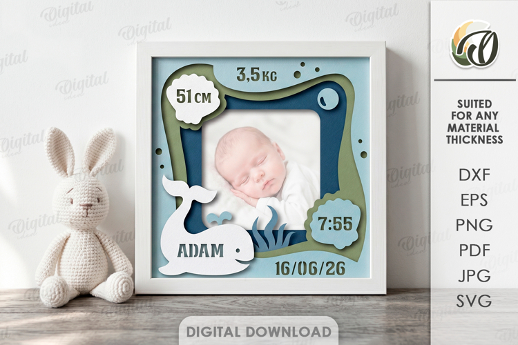 3D Baby Photo Frame. Birth Stats Shadow Box Papercut. Whale