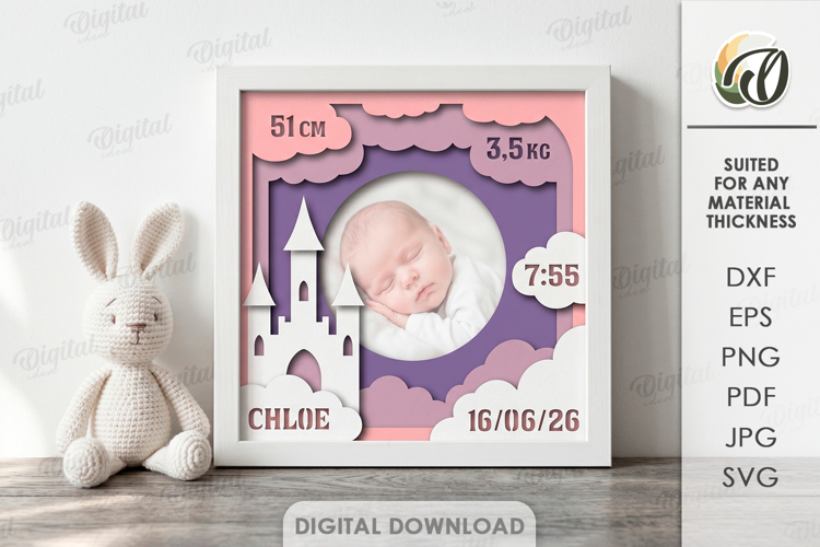3D Baby Photo Frame. Birth Stats Shadow Box Papercut. Castle