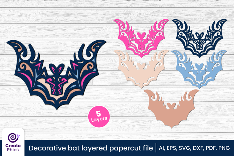 Decorative bat 3d layered papercut, laser cut craft fall SVG