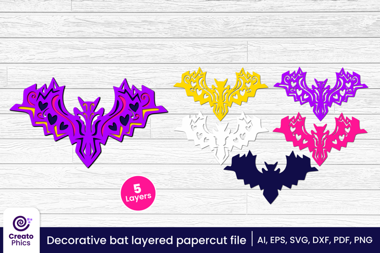 Decorative bat 3d layered papercut, laser cut craft fall SVG