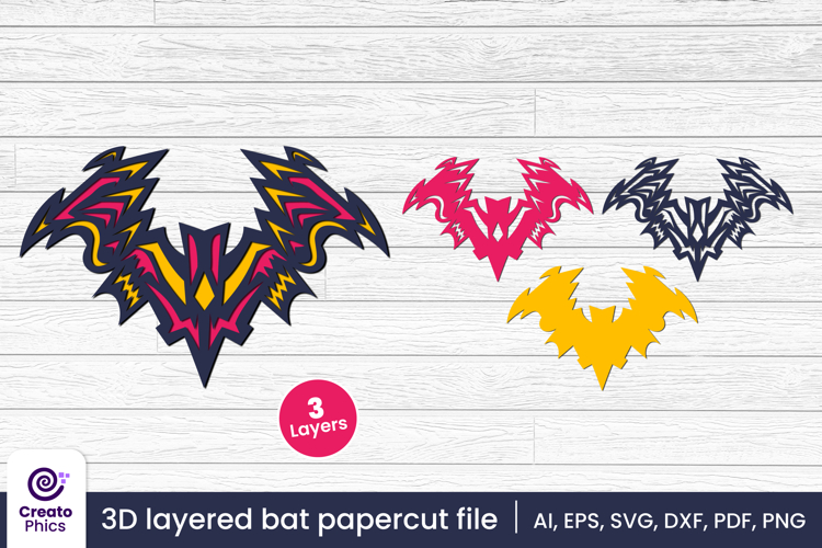 Decorative bat 3d layered papercut, laser cut animal SVG