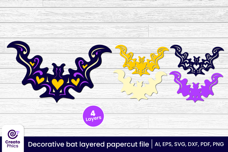 Decorative bat 3d layered papercut, laser cut craft fall SVG