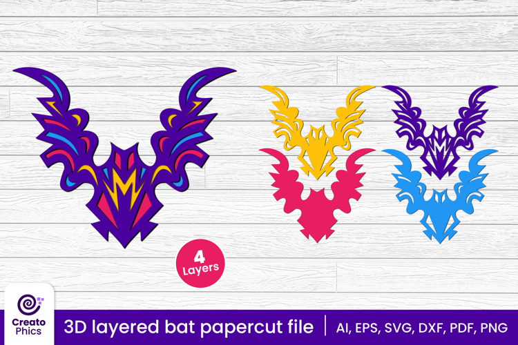 Decorative bat 3d layered papercut, laser cut animal SVG