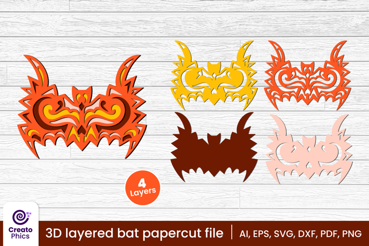 Decorative bat 3d layered papercut, laser cut animal SVG