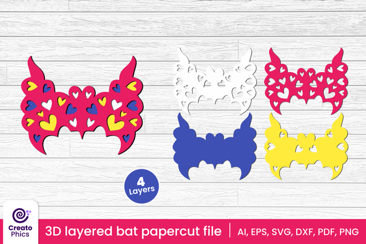 Decorative bat 3d layered papercut, laser cut animal SVG