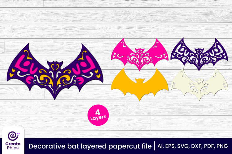Decorative bat 3d layered papercut, laser cut craft fall SVG