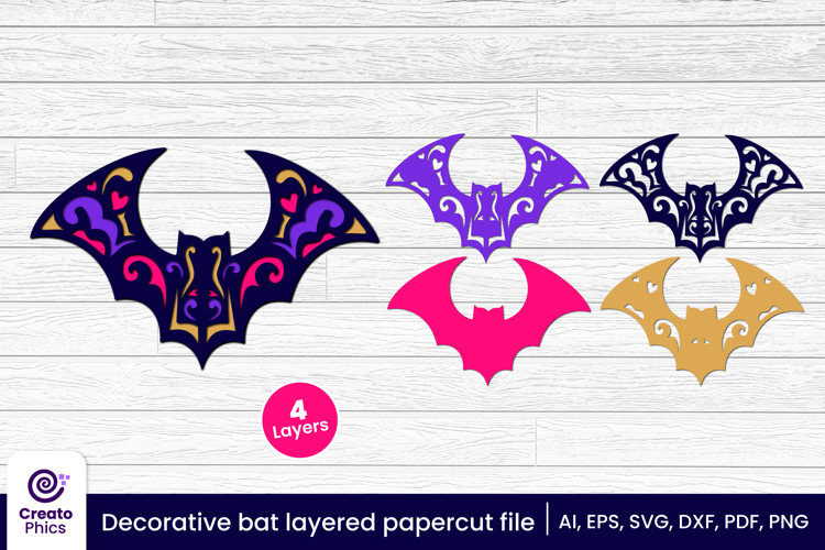 Decorative bat 3d layered papercut, laser cut craft fall SVG